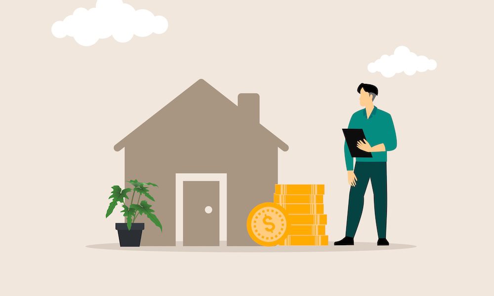 Man counting house price, home insurance cost, property value or rent. Realtor or real estate agent offe, saving and buying apatment. Money and small building, vector illustration concept.